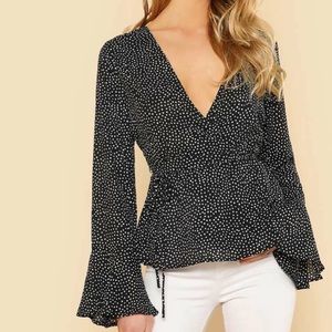 Bell sleeve polka dot wrap blouse
